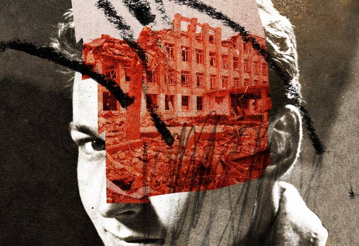 an image of a white guy overlayed with a red image of a bombed building