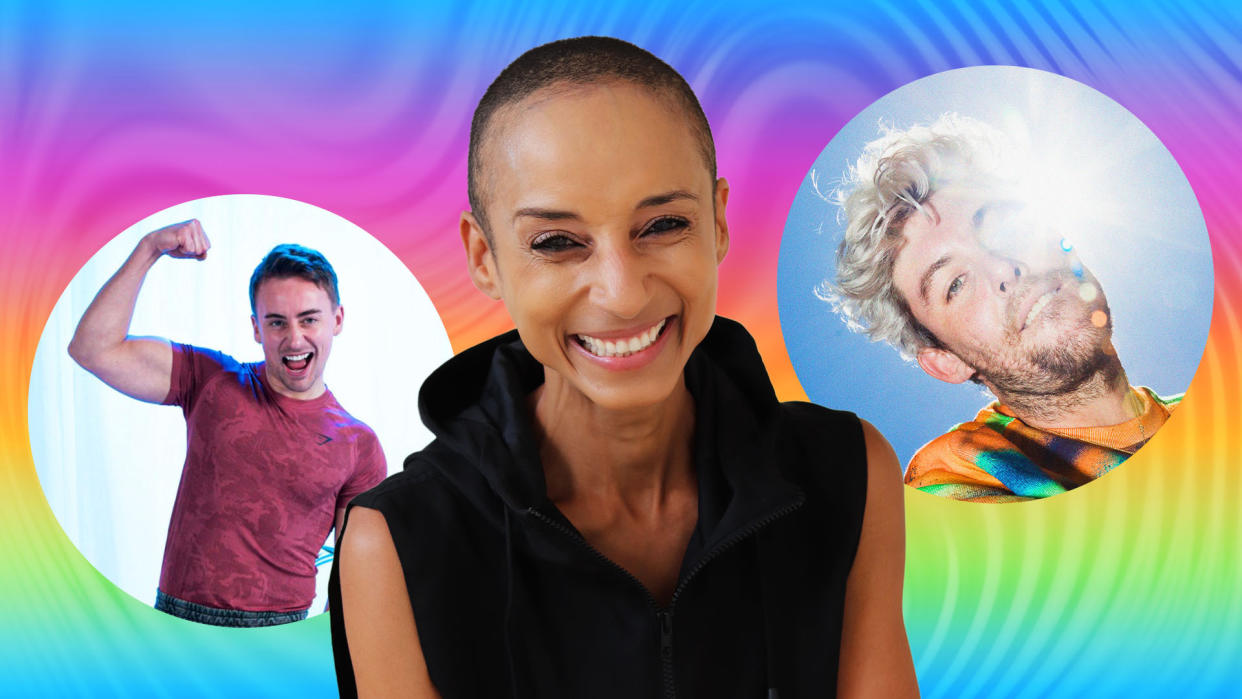 Composite of Adele Roberts, Nick Collier and Kris Andrew Smalls on a rainbow gradient