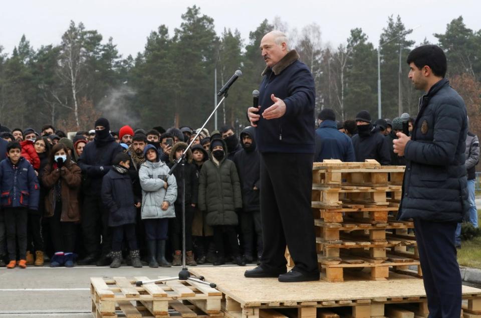 File photo: President Alexander Lukashenko speaks to migrants in the Grodno region, Belarus, November 26, 2021 (REUTERS)