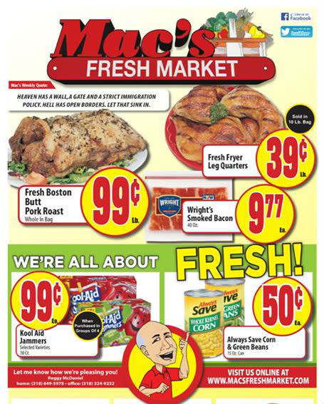 Arkansas grocery store Mac’s Fresh Market put off some of its customers this week with its weekly ad circular. (Credit: Mac’s Cash Saver via Facebook)