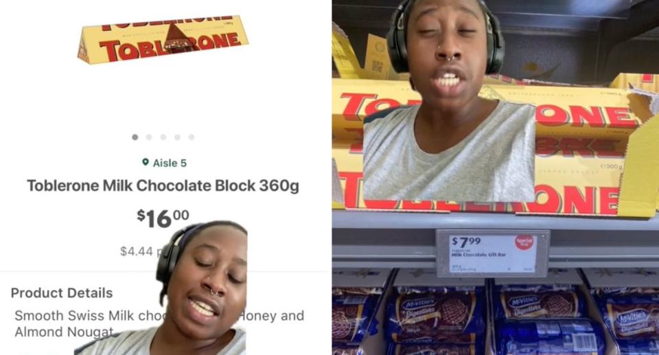 Aussie TikToker Betty reveals the price of Toblerone chocolate at Aldi. Source: TikTok