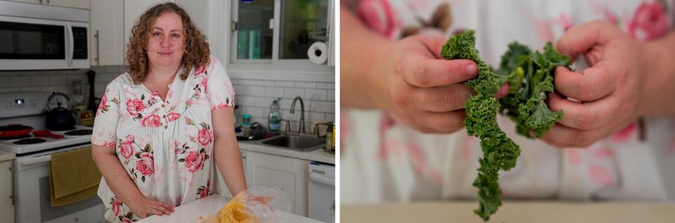 Katie Whitney, 41, of Ann Arbor, in her kitchen in Ann Arbor on Friday, Aug. 18, 2023. "It's really nice to be able to nourish myself and my family," Whitney said. "I really do love food. I think when you're fat and you love food, you can feel a lot of shame for that. Cooking helps me really own it and enjoy all the things I get to make."