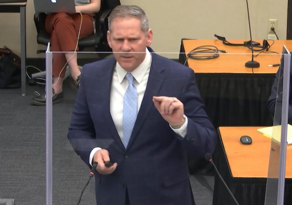 In this image from video, prosecutor Steve Schleicher gives closing arguments as Hennepin County Judge Peter Cahill presides Monday, April 19, 2021, in the trial of former Minneapolis police Officer Derek Chauvin at the Hennepin County Courthouse in Minneapolis. Chauvin is charged in the May 25, 2020 death of George Floyd.  (Court TV via AP, Pool) (AP)