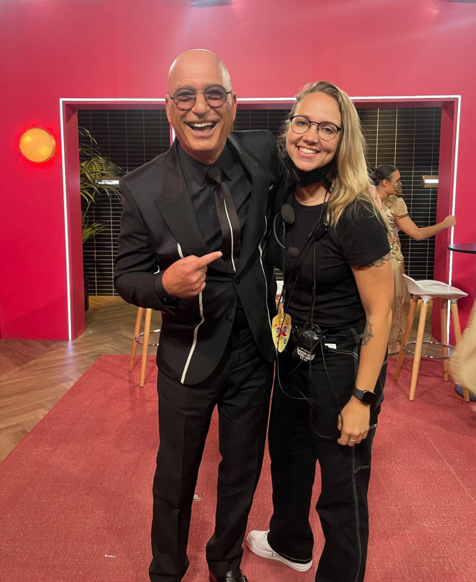 Kelsey Cornell, a 2010 graduate of Lafayette Jefferson High School, poses with Howie Mandel on set for "America's Got Talent."