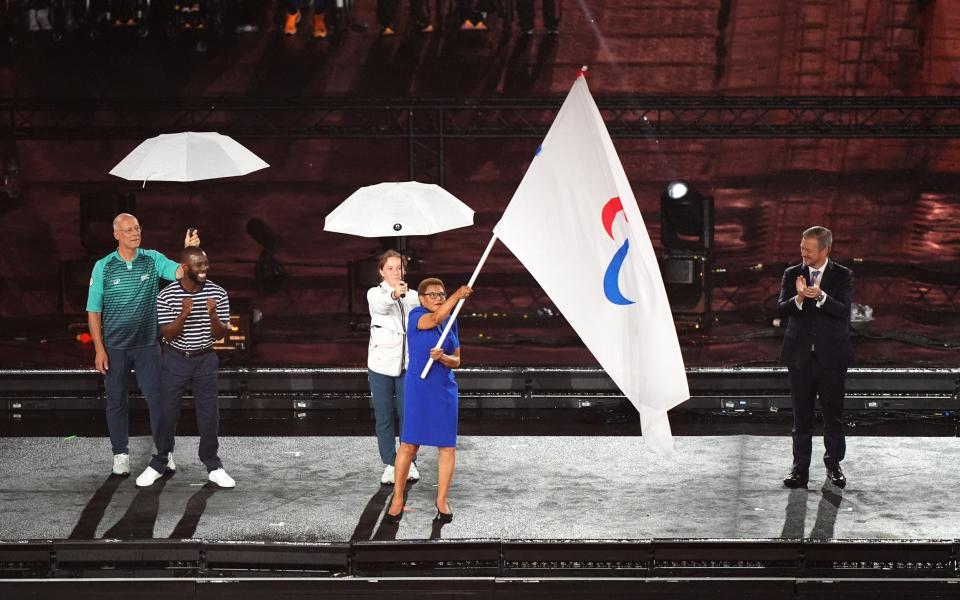 Mayor of Los Angeles Karen Bass receives the Paralympic flag during the closing ceremony