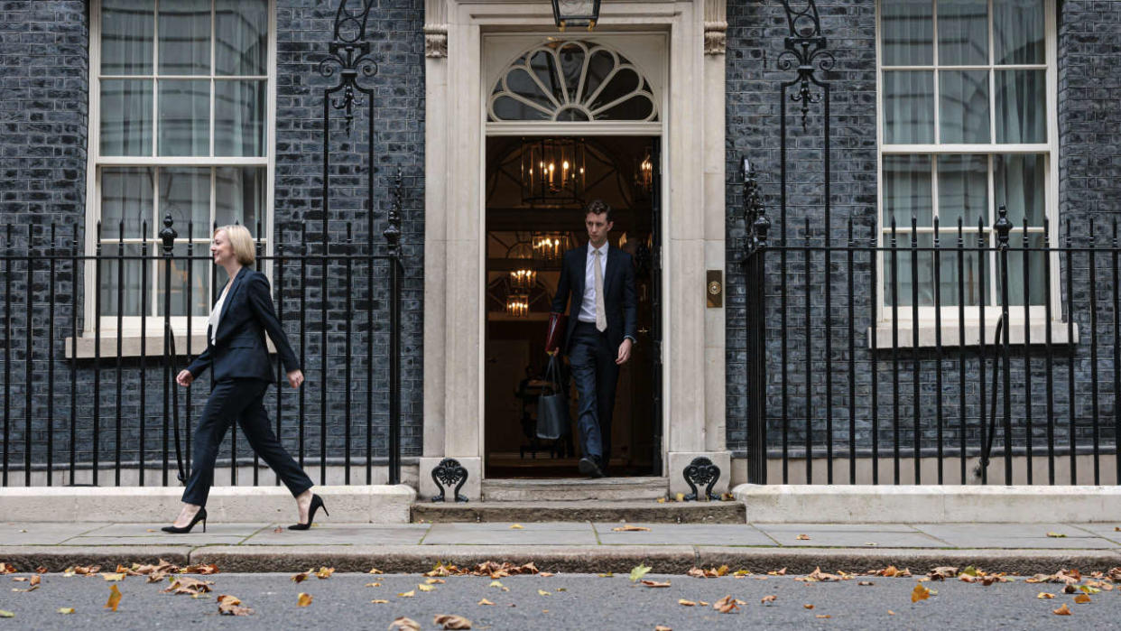 LONDON, ENGLAND - OCTOBER 19: Prime Minister Liz Truss leaves 10 Downing Street on October 19, 2022 in London, England. Liz Truss faces her third PMQs as Prime Minister against a backdrop of discontent in the Conservative party and an all-time low personal popularity rating. (Photo by Rob Pinney/Getty Images)