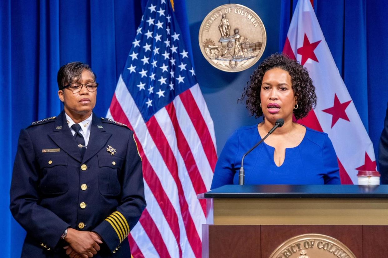 PHOTO: District of Columbia Mayor Muriel Bowser, with Chief of the Metropolitan Police Department Pamela Smith, responds to a question from the news media during a press conference in Washington, DC, May 8, 2024.  (Shawn Thew/EPA-EFE/Shutterstock)