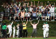 <p>AUGUSTA, GA – APRIL 04: Gary Nicklaus, Jr. celebrates hitting a hole-in-one on the ninth tee with his grandfather Jack Nicklaus, Gary Player and Tom Watson during the Par 3 Contest prior to the start of the 2018 Masters Tournament at Augusta National Golf Club on April 4, 2018 in Augusta, Georgia. (Photo by Jamie Squire/Getty Images) </p>