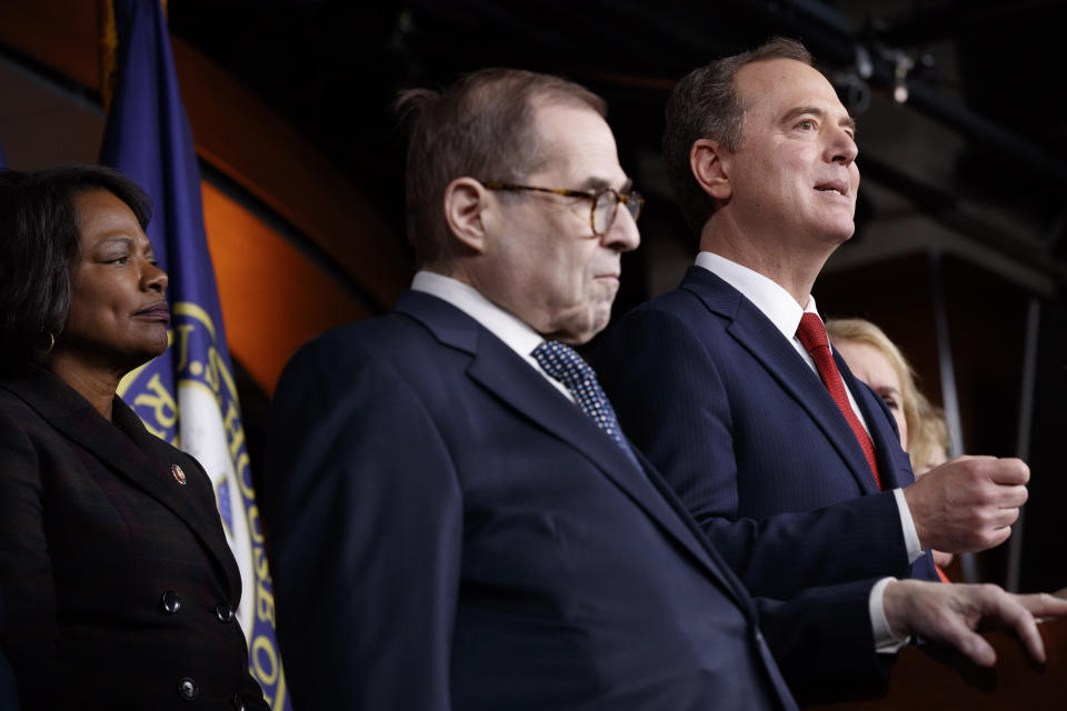 House Democratic impeachment managers Rep. Val Demings, D-Fla., left, Judiciary Committee Chairman Jerrold Nadler, D-N.Y., and House Intelligence Committee Chairman Adam Schiff, D-Calif., attend a news conference, Tuesday, Jan. 28, 2020, on Capitol Hill in Washington. (AP Photo/ Jacquelyn Martin)