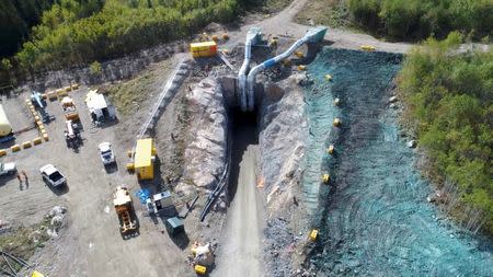 Aerial images from video shows the above-ground view of an all-electric underground mine that Goldcorp is building near Chapleau, Ontario, Canada, in this video released on June 18, 2018. Courtesy Goldcorp Inc via REUTERS