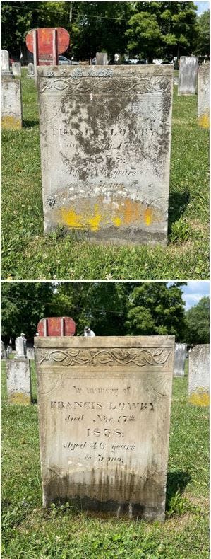 A look at the before and after cleaning of a historic headstone by workshop attendee Kristin Forsythe.