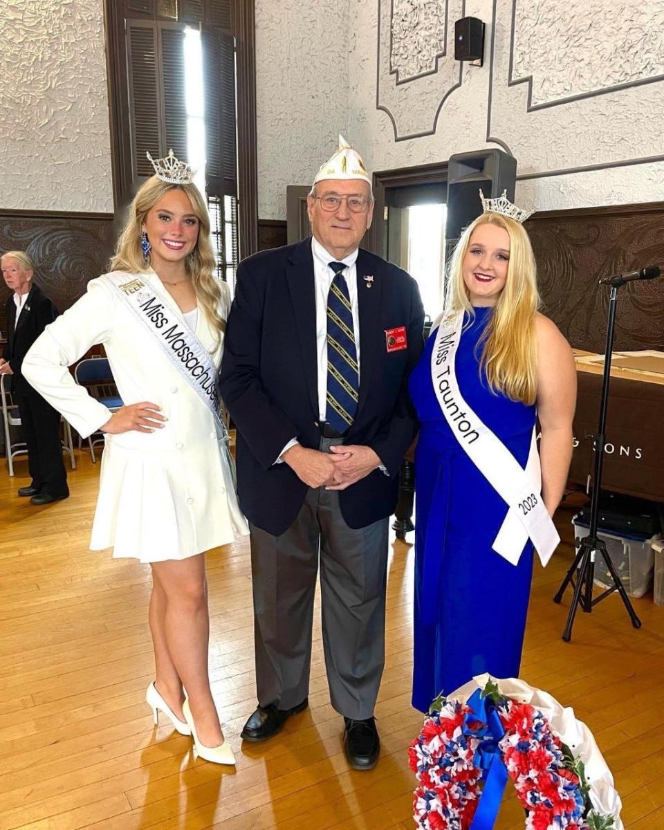 Miss Taunton 2023 Lily Jeswald, right, will spend the next year serving the Greater Taunton community. She's pictured here with Miss Massachusetts Outstanding Teen Jenna McLaughlin and Middleboro veteran Bob Burke.