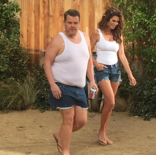 “Who wore it best?” Cindy Crawford joked on Instagram about a snapshot of her and The Late Late Show host James Corden dressed like she was in her 1992 Super Bowl commercial for Pepsi. “@Jkcorden and I recreated my iconic Super Bowl commercial — tune into @latelateshow on Sunday after the game to see more!" (Photo: Instagram)