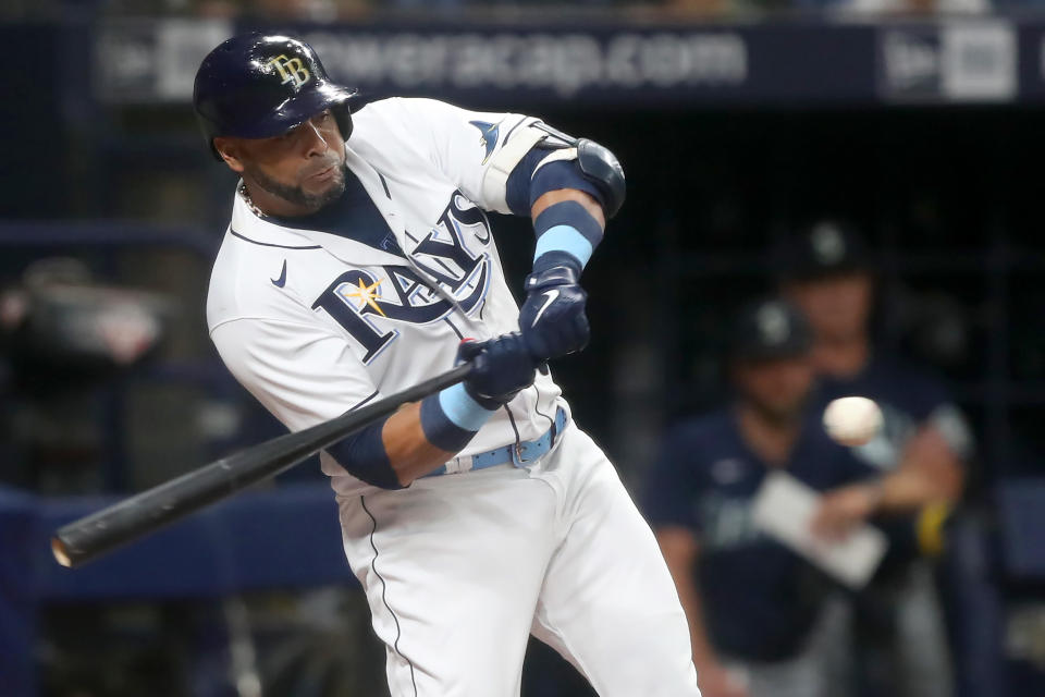 ST. PETERSBURG, FL - AUGUST 03: Nelson Cruz (23) of teh Rays at bat during the regular season game between the Seattle Mariners and the Tampa Bay Rays on August 03, 2021 at Tropicana Field in St. Petersburg, FL. (Photo by Cliff Welch/Icon Sportswire via Getty Images)