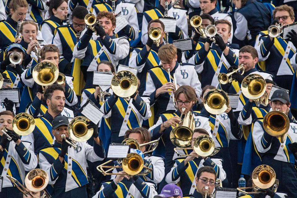 The Delaware Blue Hens Marching Band performs from the bleechers during the homecoming football game against the Morgan State Bears at Delaware Stadium, Saturday, Oct. 22, 2022. Delaware won 38-7.