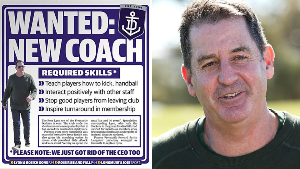 The West Australian newspaper's front page on Wednesday took aim at sacked Dockers coach Ross Lyon, pictured left.