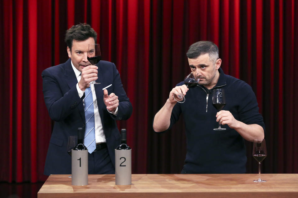 THE TONIGHT SHOW STARRING JIMMY FALLON -- Episode 1164 -- Pictured: (l-r) Host Jimmy Fallon with entrepreneur Gary Vaynerchuk during a Wine Demo on November 26, 2019 -- (Photo by: Andrew Lipovsky/NBC/NBCU Photo Bank via Getty Images)