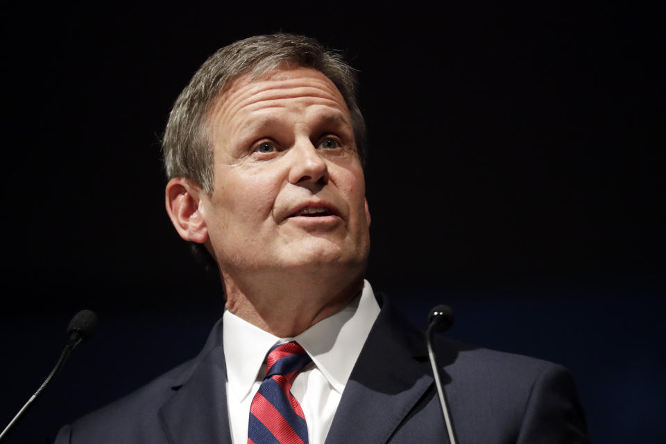 FILE - Tennessee Gov. Bill Lee delivers his inaugural address after taking the oath of office in War Memorial Auditorium in Nashville, Tenn., Saturday, Jan. 19, 2019. After riding high on a promise to bring 50 charter schools to Tennessee, Hillsdale College President Larry Arnn's budding relationship with Gov. Lee has significantly cooled over the past several months. (AP Photo/Mark Humphrey, File)