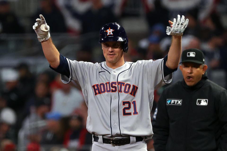 ATLANTA, GEORGIA - OCTOBER 31:  Zack Greinke #21 of the Houston Astros reacts after a pinch-hit single against the Atlanta Braves during the fourth inning in Game Five of the World Series at Truist Park on October 31, 2021 in Atlanta, Georgia. (Photo by Kevin C. Cox/Getty Images)