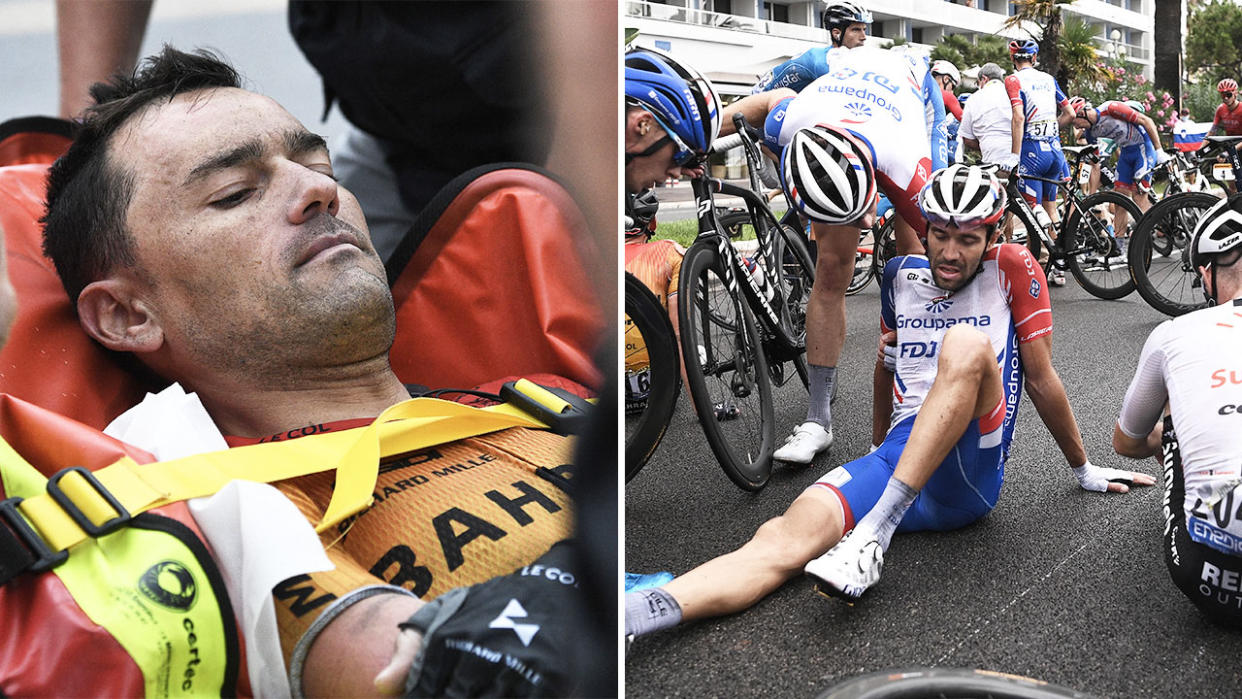 Team Bahrain rider Spain's Rafael Valls stretched off (pictured left) and a number of riders lying on the ground injured (pictured right).