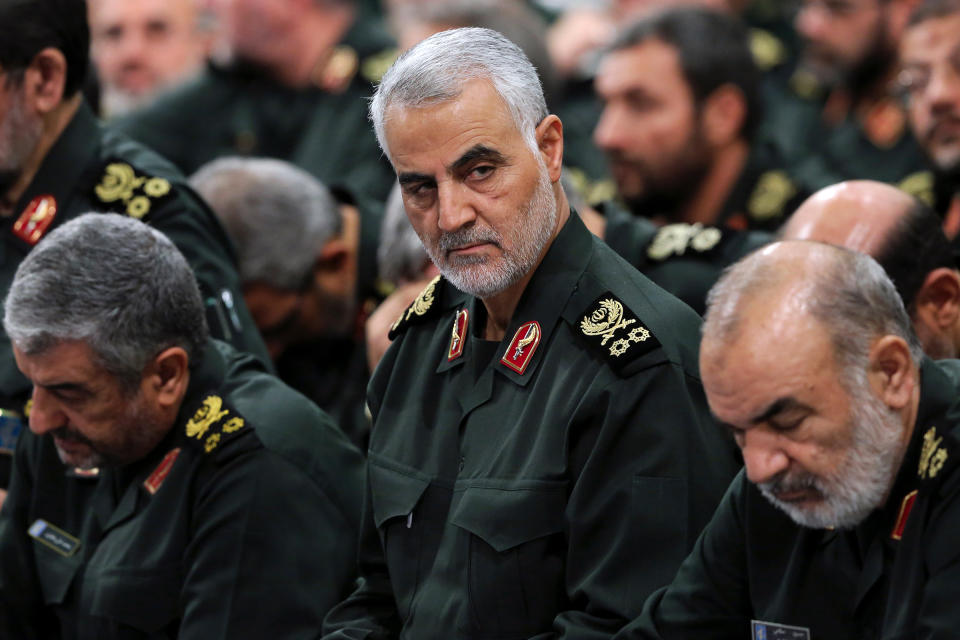 Gen. Qasem Soleimani, center, attends a meeting with Supreme Leader Ayatollah Ali Khamenei and Revolutionary Guard commanders in Tehran in September 2016. | Office of the Iranian Supreme Leader/AP