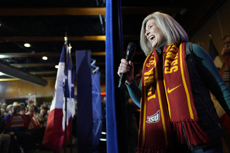 Sen. Joni Ernst, R-Iowa, introduces Republican presidential candidate former UN Ambassador Nikki Haley during a campaign event at Jethro's BBQ in Ames, Iowa, Sunday, Jan. 14, 2024. (AP Photo/Carolyn Kaster)