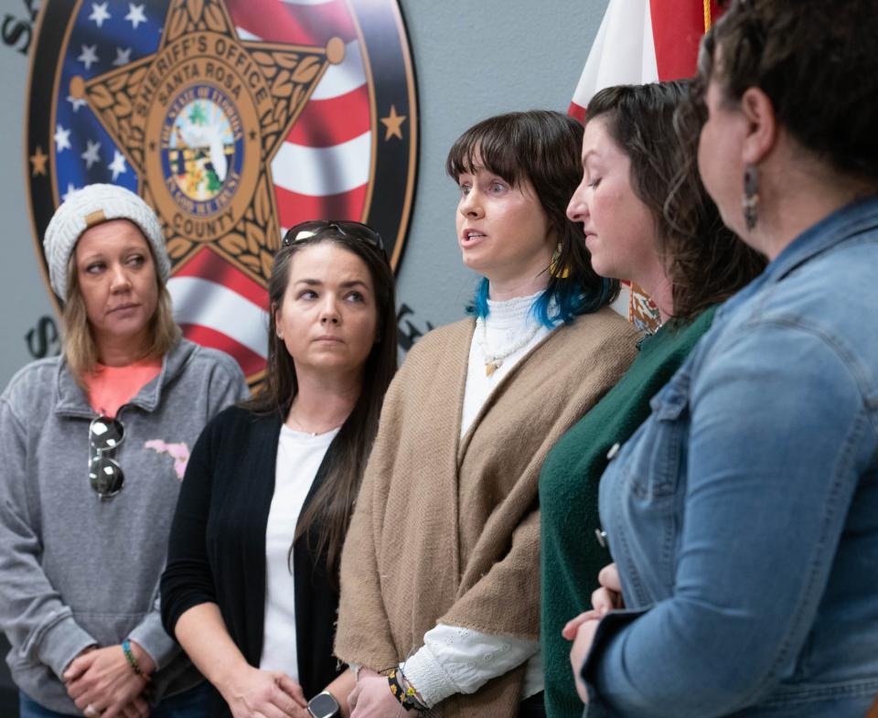 Amy Wilbert, center, and other friends of Cassie Carli talk about the federal indictment of Marcus Spanevelo in the kidnapping of Cassie Carli that resulted in her death during a press conference at the Santa Rosa County Sheriff's Office in Milton on Thursday, Jan. 26, 2023.