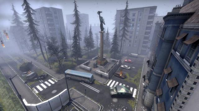 A CS:GO map showing buildings and some trees.