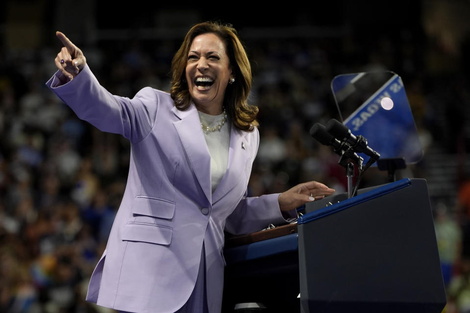 Democratic presidential nominee Vice President Kamala Harris speaks at a campaign rally, Saturday, Aug. 10, 2024, in Las Vegas. (AP Photo/Julia Nikhinson)