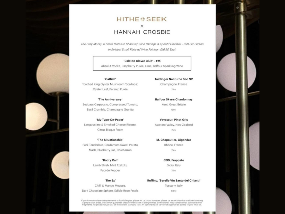 Hithe + Seek x Hannah Crosbie menu (Hithe + Seek)