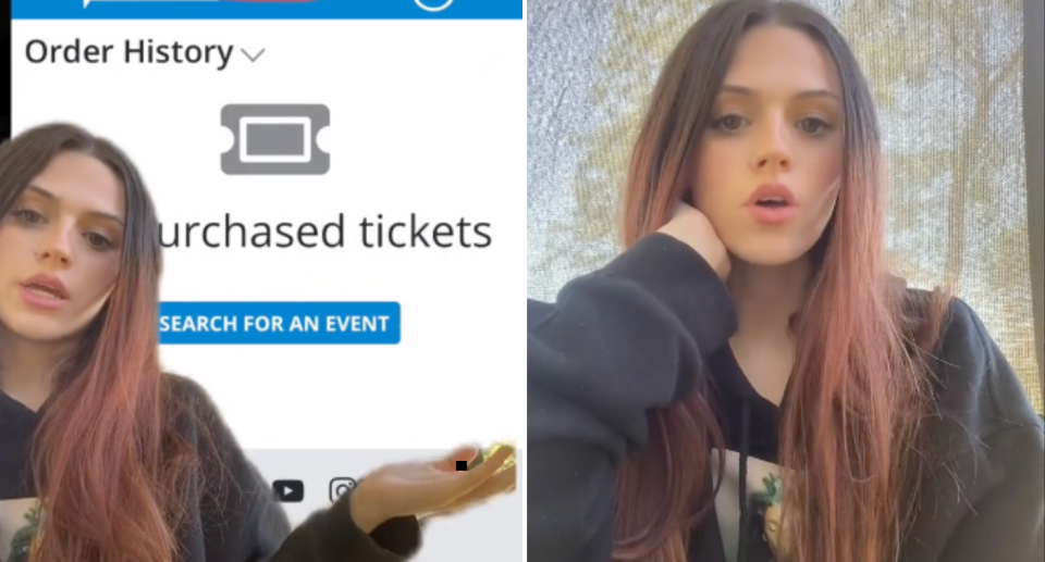 Left image shows the Taylor Swift Eras Tour VIP ticket no longer in Rebecca's Ticketek account. Right image is of Rebecca talking to the screen in her TikTok.