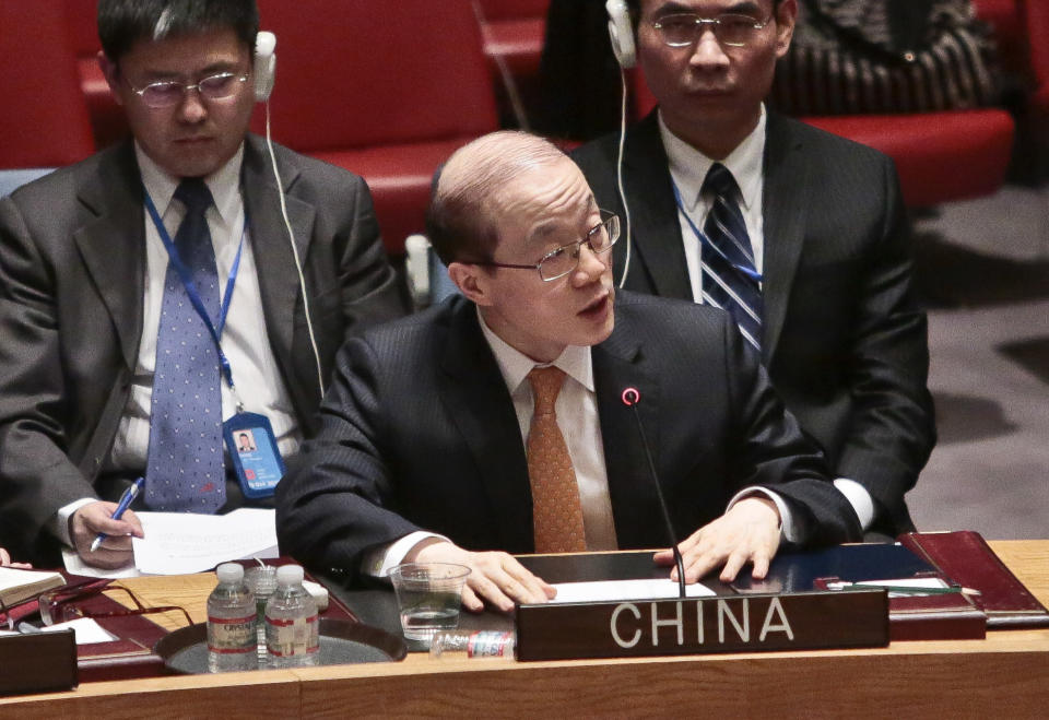 U.N. China Ambassador Liu Jieyi speaks during a U.N. Security Council meeting on the Ukraine, Monday, March 3, 2014 at U.N. headquarters. (AP Photo/Bebeto Matthews)