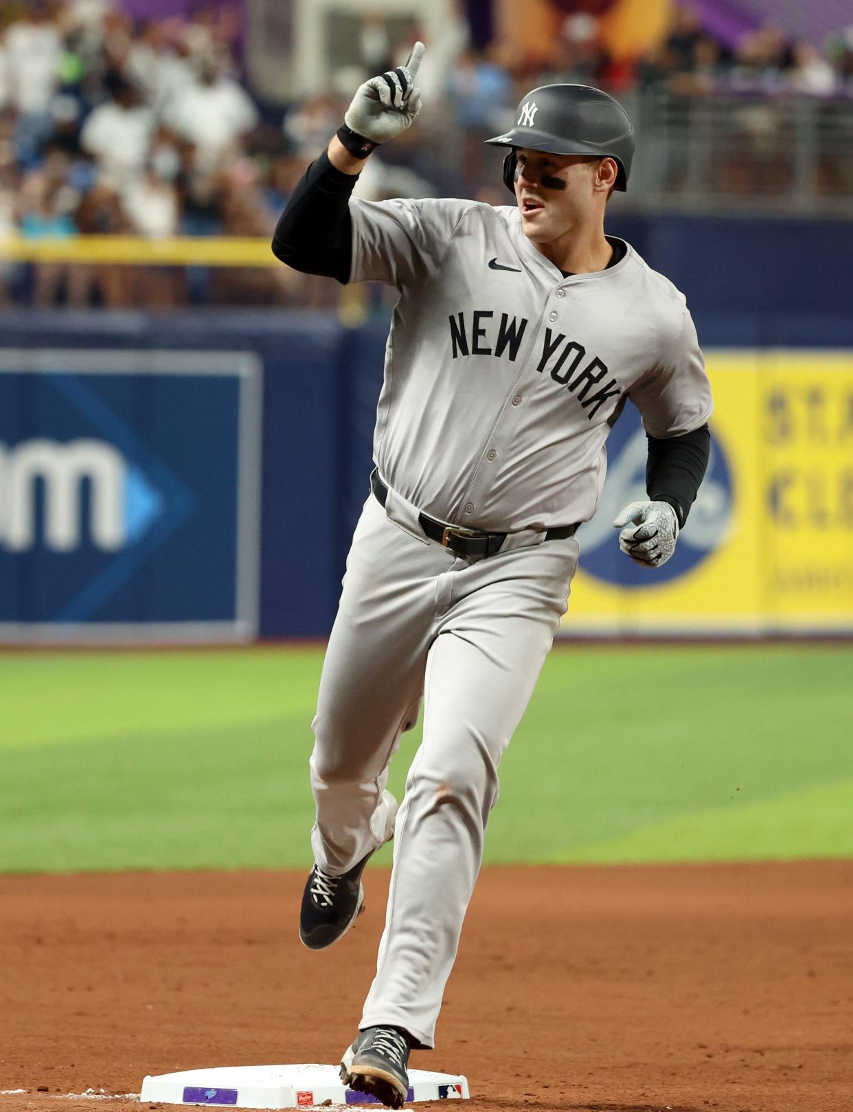 May 10, 2024; St. Petersburg, Florida, USA; New York Yankees first base Anthony Rizzo (48) celebrates after he hits a home run against the Tampa Bay Rays during the ninth inning at Tropicana Field. Mandatory Credit: Kim Klement Neitzel-USA TODAY Sports