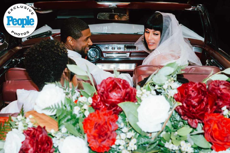 <p>Bellamy Brewster</p> Usher and Jennifer Goicoechea with their kids during their Las Vegas wedding