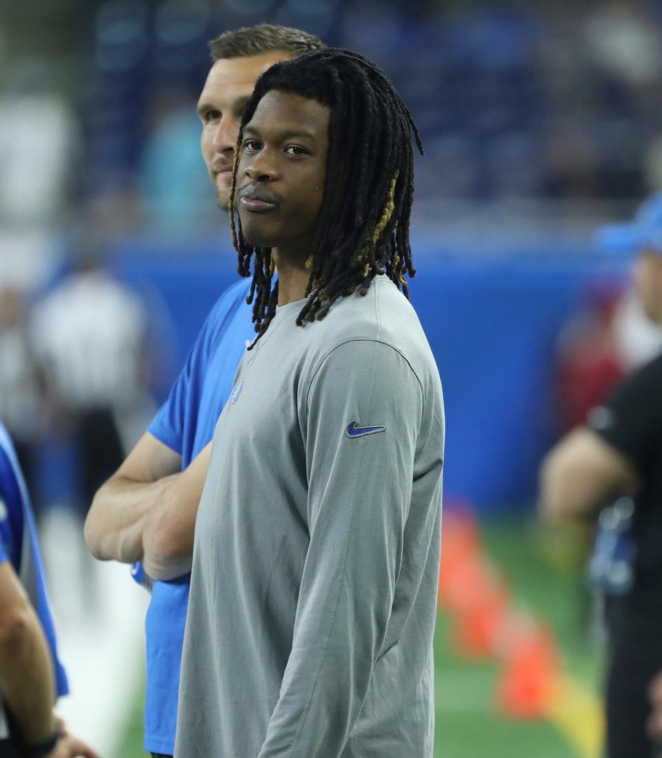 Detroit Lions wide receiver Jameson Williams watches warmups before preseason action against the Jacksonville Jaguars, Saturday, August 19, 2023 at Ford Field.