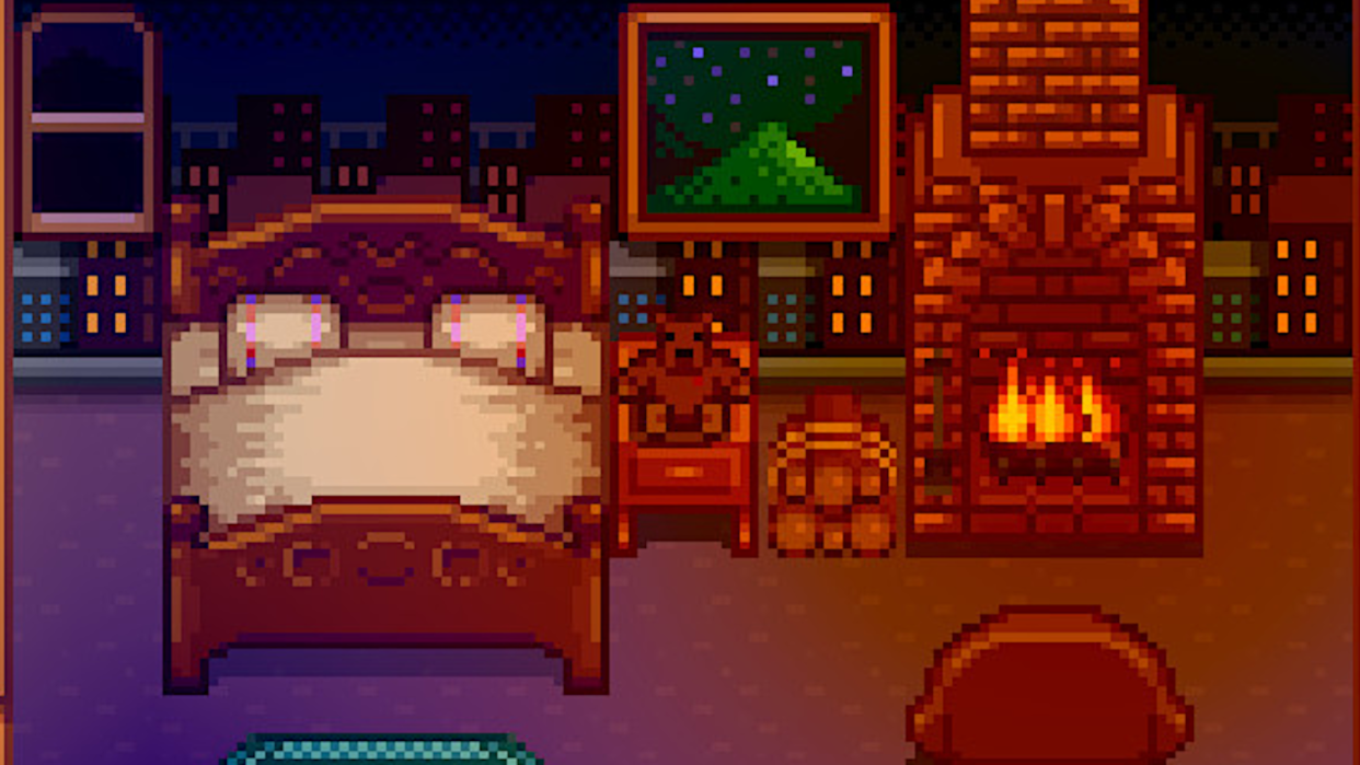  A picture of a cosy bedroom in Stardew Valley, complete with a plushie who is NOT in bed like they are supposed to be. 