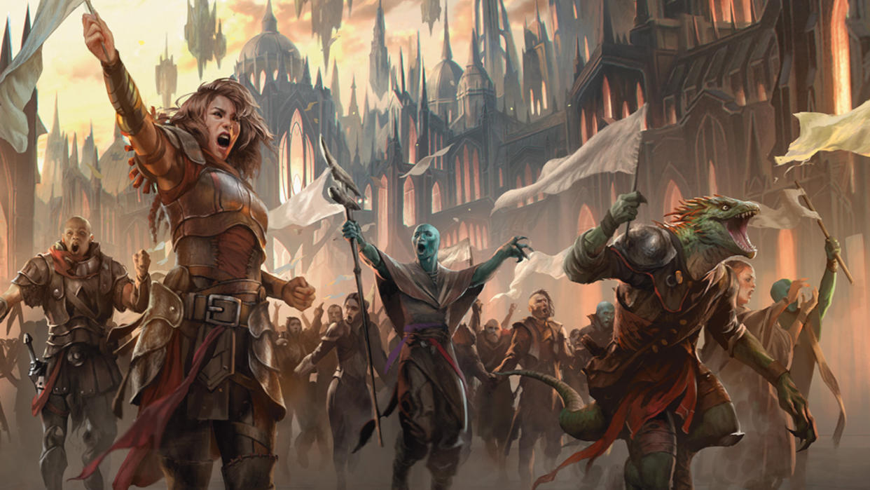  A crowd of shouting civilians march through the streets of Ravnica in Murders at Karlov Manor, waving white flags. 