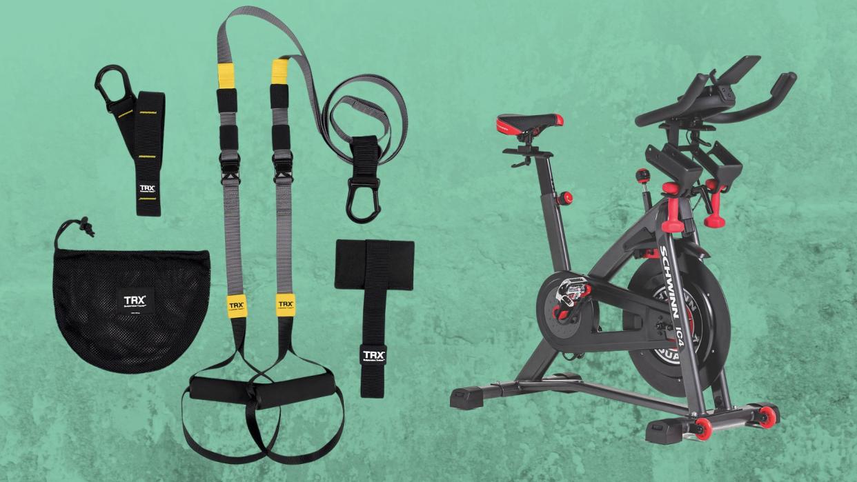 stationary bike and other workout gear