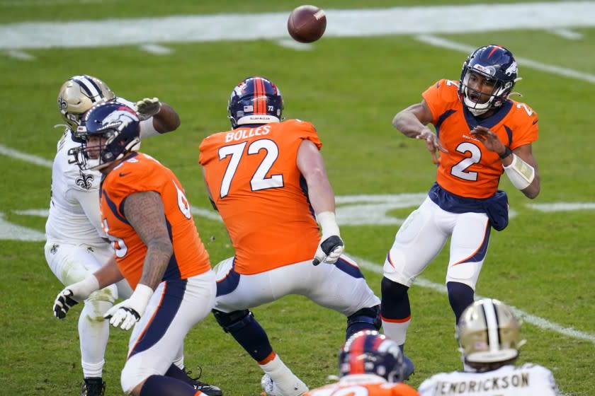 Denver Broncos quarterback Kendall Hinton (2) throws against the New Orleans Saints.