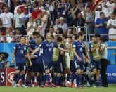 <p>Japan’s players celebrate after Japan’s Takashi Usami scores his side’s second goal during the round of 16 match between Belgium and Japan at the 2018 soccer World Cup in the Rostov Arena, in Rostov-on-Don, Russia, Monday, July 2, 2018. (AP Photo/Rebecca Blackwell) </p>