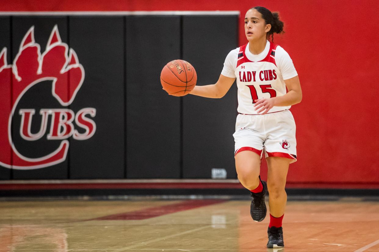 Brownfield’s Gabi Fields (15) handles the ball against Monterey on Tuesday, Dec. 7, 2021, in Brownfield, Texas.