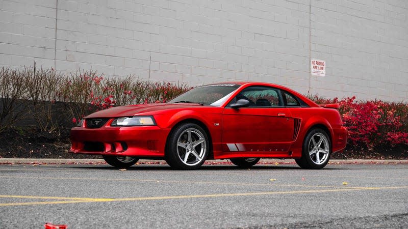 Front 3/4 view of a red Saleen Ford Mustang