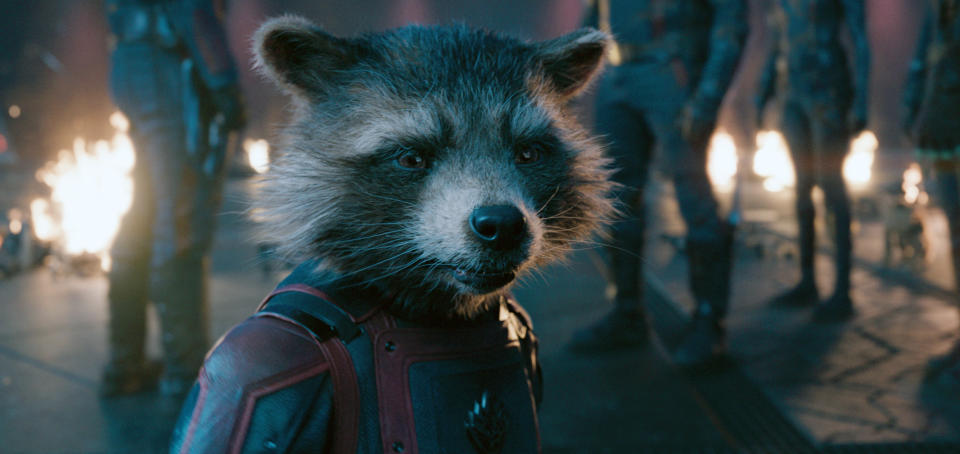 This image released by Marvel Studios shows Rocket, voiced by Bradley Cooper, in a scene from "Guardians of the Galaxy Vol. 3." (Marvel-Disney via AP)