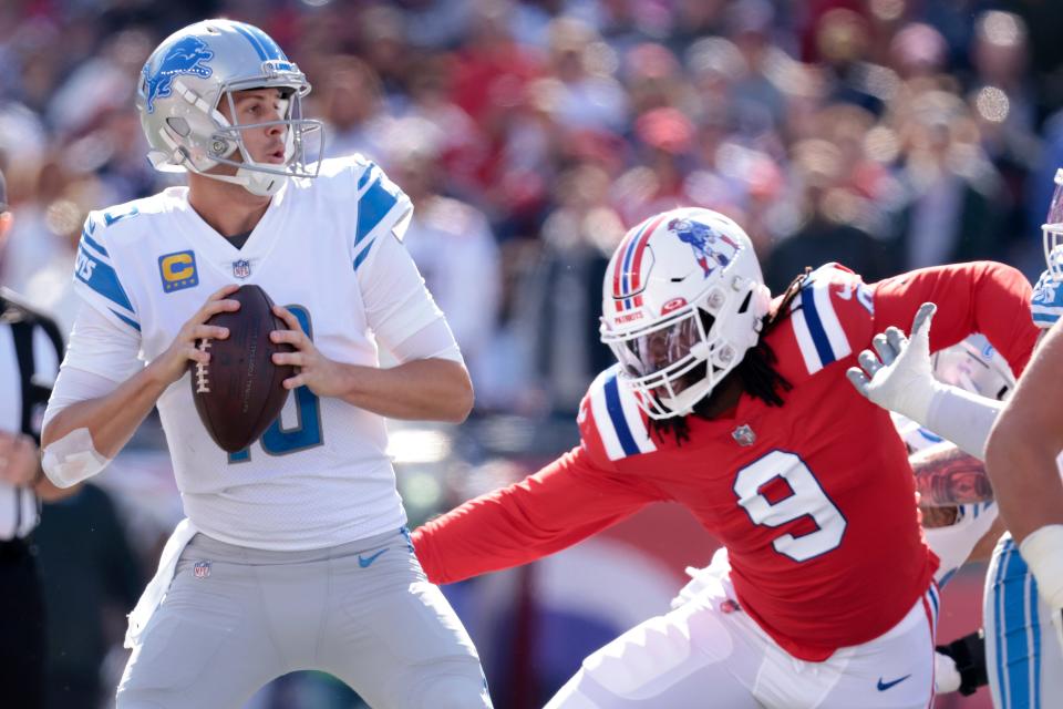 Patriots defensive end Matthew Judon pressures Lions quarterback Jared Goff during the second quarter on Sunday, Oct. 9, 2022, in Foxborough, Massachusetts.