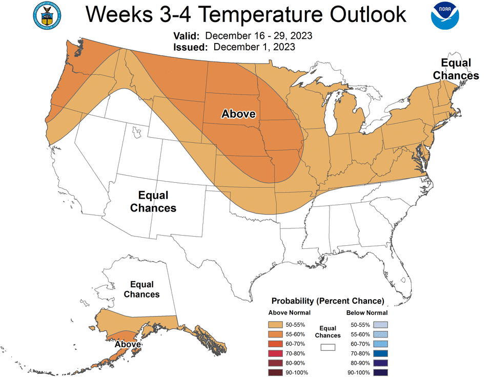 Three-four week outlook for Dec. 16 - Dec. 29, 2023.