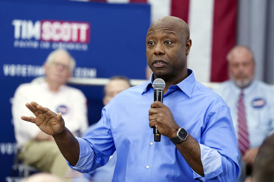 FILE - Sen. Tim Scott, R-S.C., speaks at a town hall, Sunday, April 30, 2023, in Charleston, S.C. Scott filed paperwork with the Federal Election Commission declaring his intention to seek his party's nomination in 2024. (AP Photo/Meg Kinnard, File)