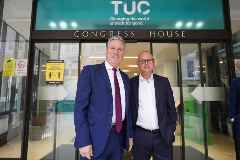 Labour leader Sir Keir Starmer arrives at the TUC congress in London greeted by TUC Deputy General Secretary Paul Nowak (Stefan Rousseau/PA) (PA Wire)