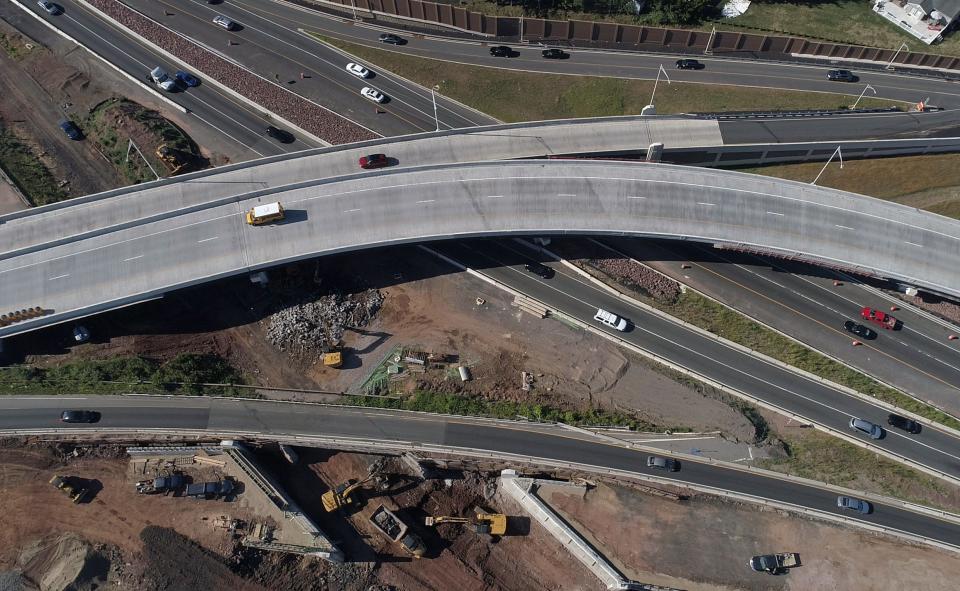 Aerial view of the ongoing construction where Routes 46 and 3 meet in Clifton on Wednesday, August 3, 2022.