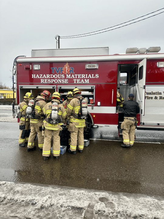 Tualatin Fire and Rescue located and shut off a carbon dioxide leak that caused a white cloud to appear on a road. January 17, 2024 (courtesy TVF&R). 