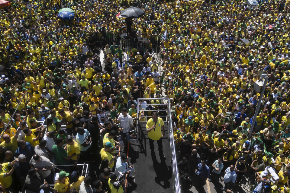 Brazil's former President Jair Bolsonaro speaks during a demonstration calling for freedom of expression, spurred by Brazilian court orders to suspend accounts on the social media platform X, in Copacabana beach, Rio de Janeiro, Brazil, Sunday, April 21, 2024. (AP Photo/Bruna Prado)